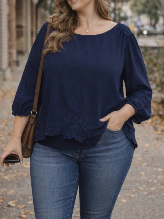 Eyeshadow Tops - Eyeshadow Lace Trim Blouse | Navy Blue Top | Women’s 1X